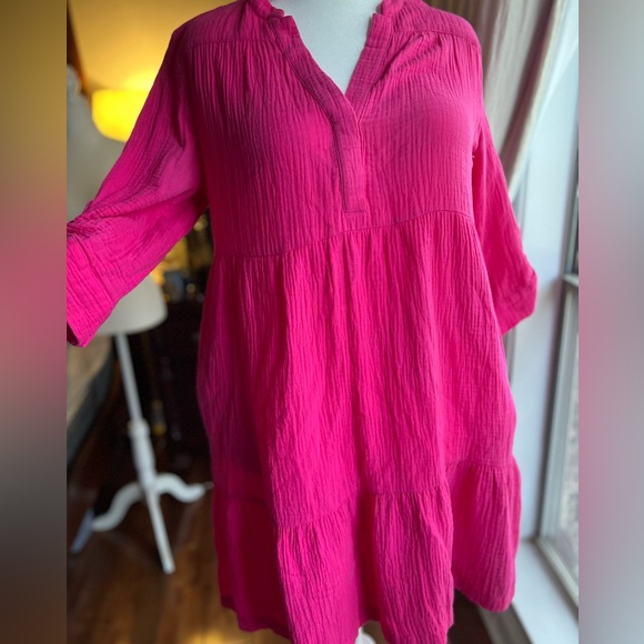 Chico's Dresses & Skirts - Chico's Vibrant Pink Midi Dress Size 2 Large Barbiecore Spring Loose Fit Pockets